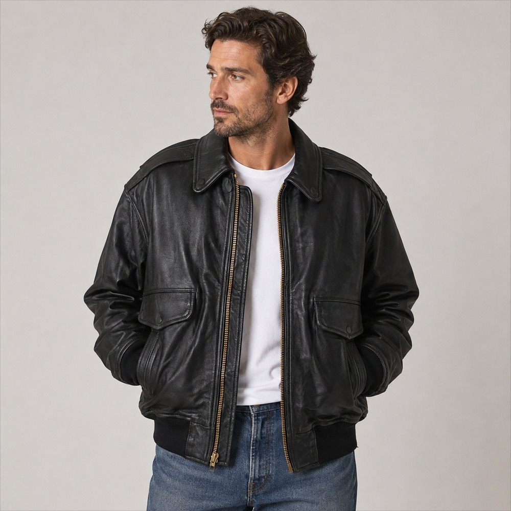 Black Leather Bomber Flight Jacket Mens XL Military Style Aviator Taylors NWOT